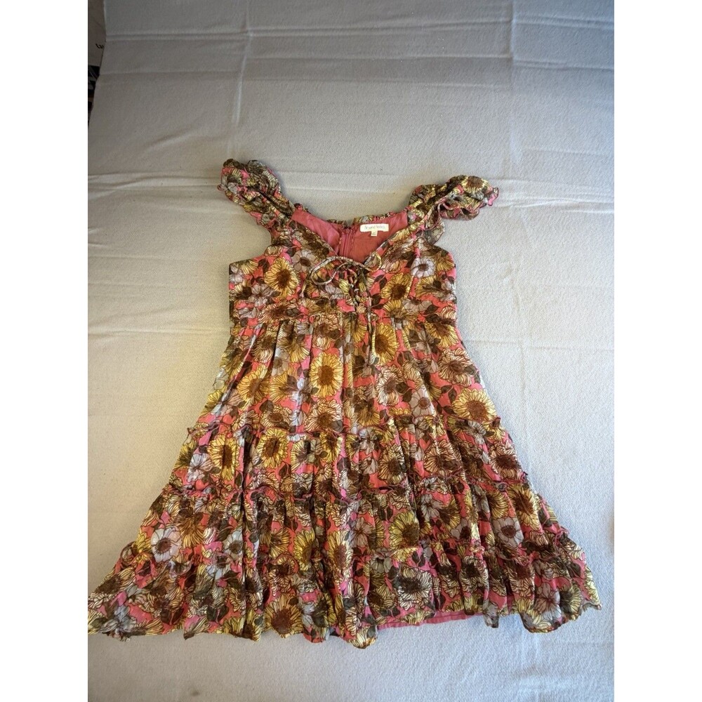 Beyond Words Pink Floral A-Line Dress Square Neck Chiffon Ruffle Sleeveless L